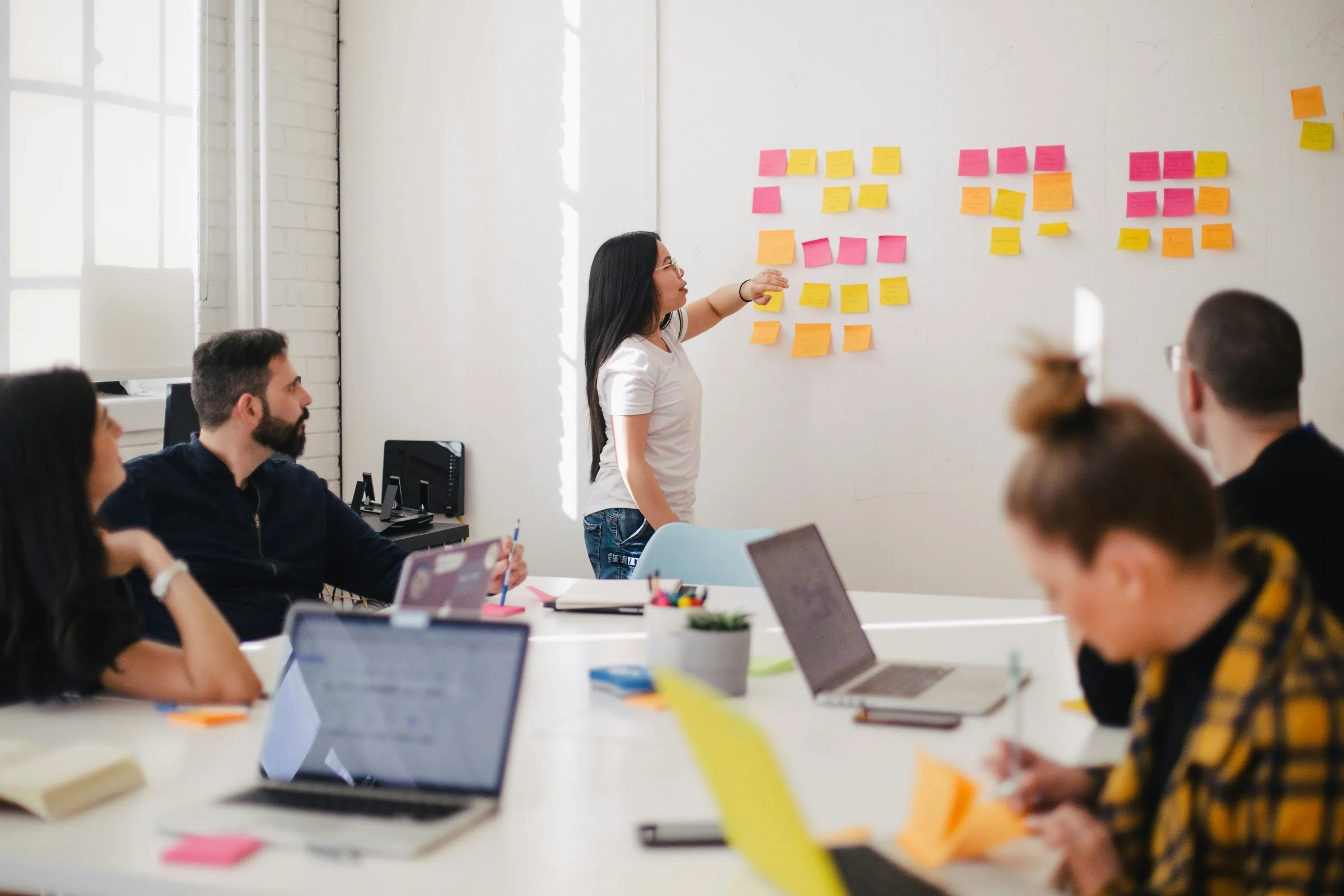 The Codesnag team working through a problem on a wall of sticky notes