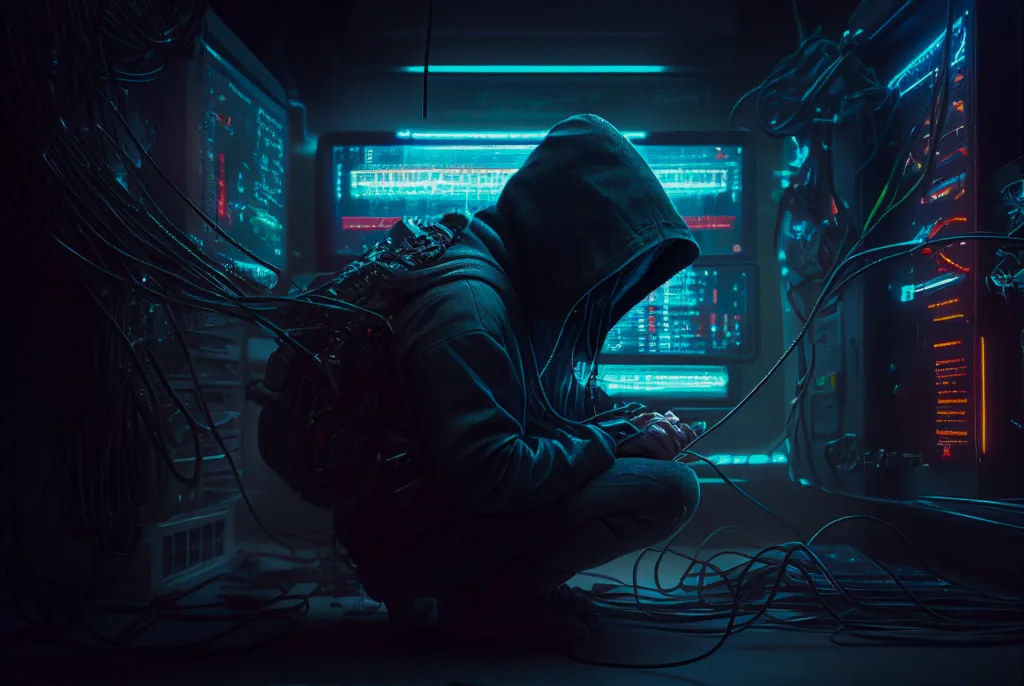 A red-team operator working at a wall of monitors