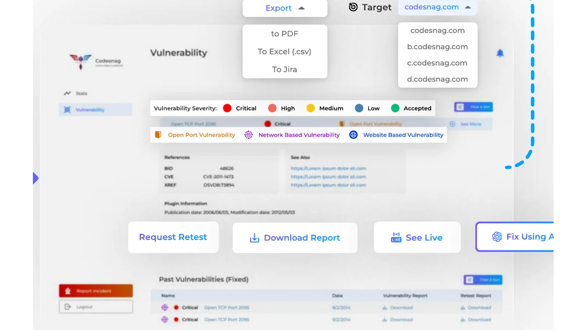 The Vulnerability console: severity legend, target selector, export to PDF, Excel or Jira, and Request Retest, Download Report, See Live and Fix Using AI actions over a fixed-vulnerability history