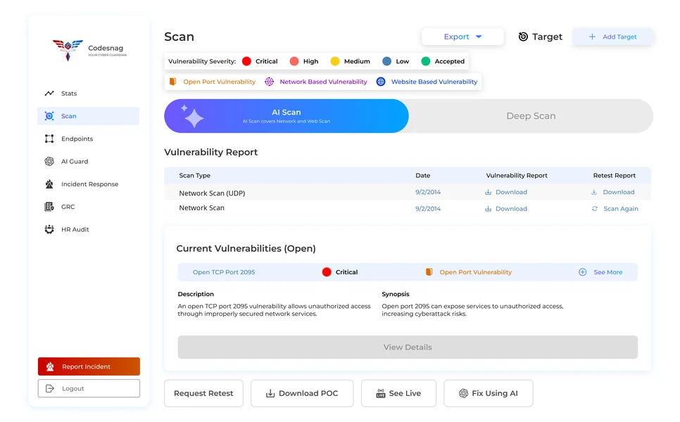The Scan console: AI Scan and Deep Scan, a vulnerability report per network scan with retest reports, and an open critical finding with its description and synopsis