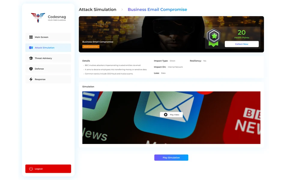 The Attack Simulation console: a Business Email Compromise scenario with its impact type, affected system, loss and resiliency, and the simulation ready to play