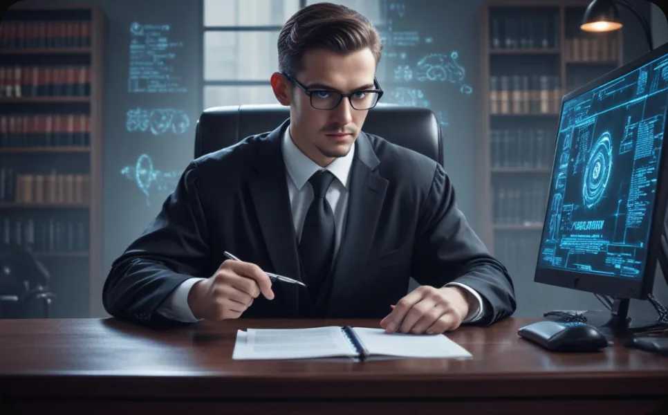 A lawyer at a desk in a law library, pen over a document, a cyan security readout floating beside a monitor