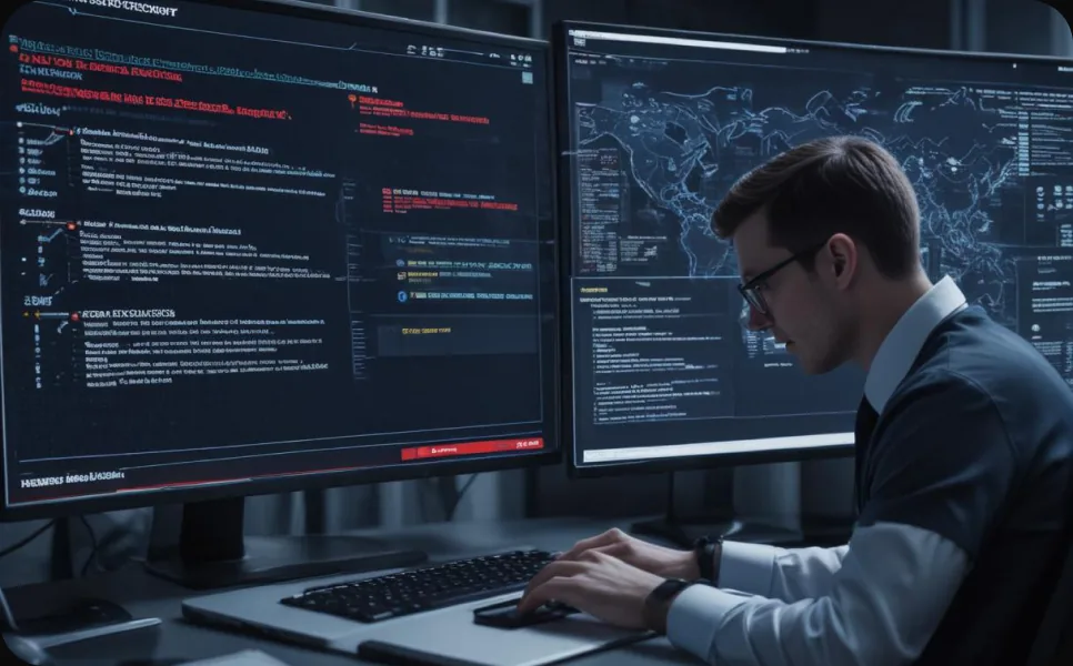 A responder at a dual-monitor desk at night, one screen filled with red alert log lines, the other a world map