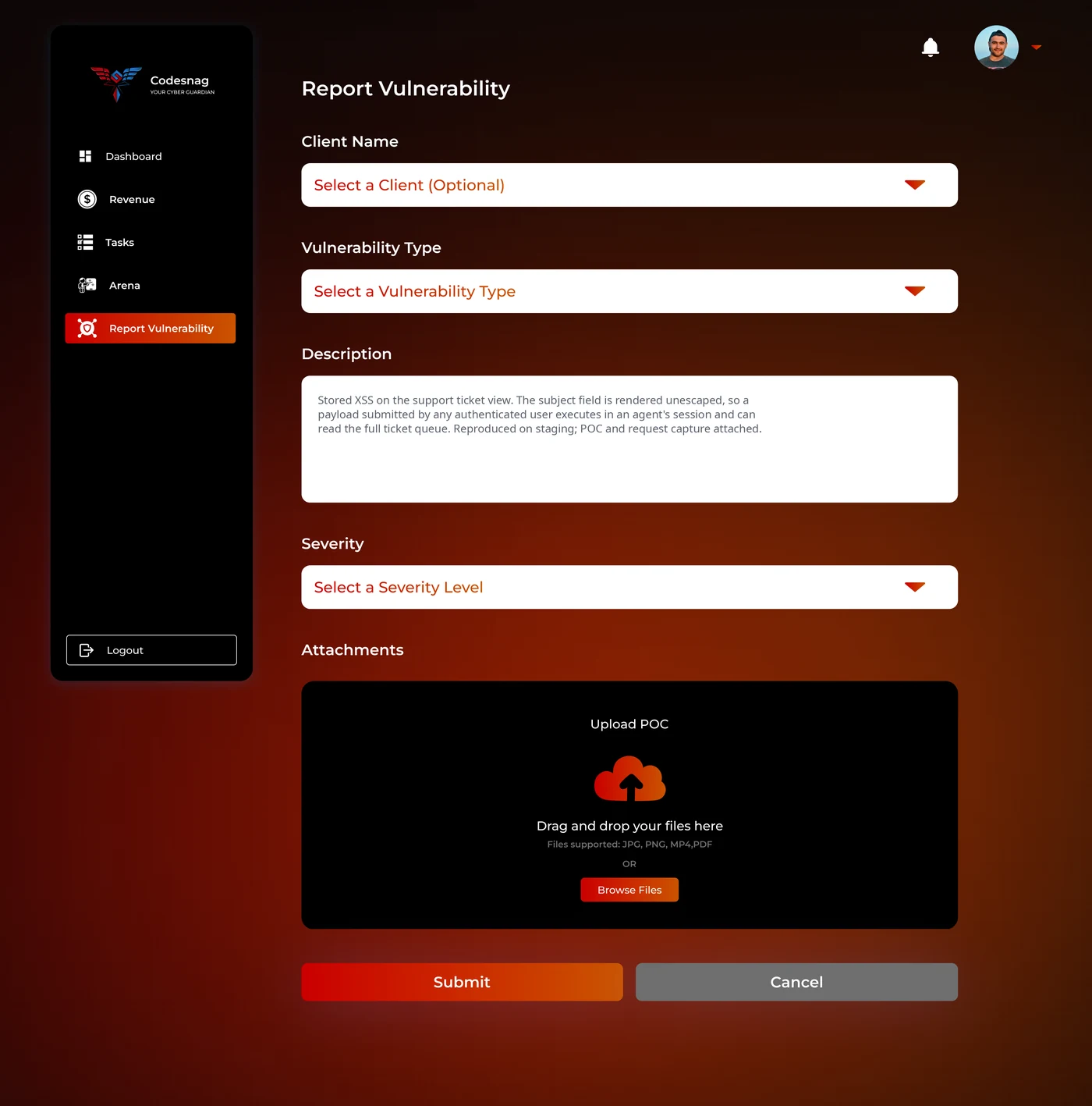 The Report Vulnerability form: client and vulnerability type selectors, a description of a stored XSS finding, severity, and a drag-and-drop area for proof-of-concept files