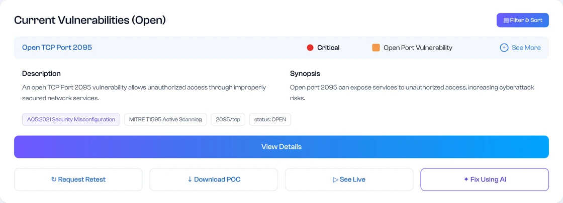 A network scans result as it appears in the product: the finding, its severity and category, description and synopsis, and the actions available on it