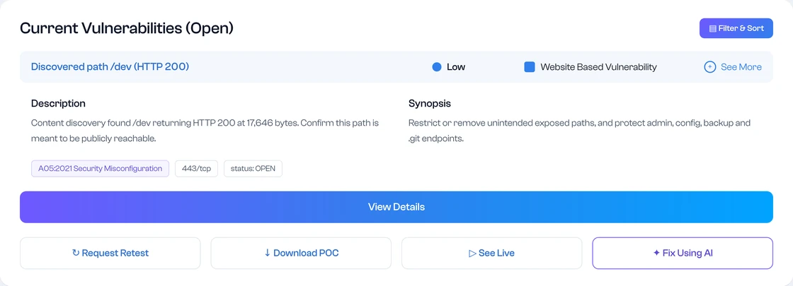 A attack surface discovery result as it appears in the product: the finding, its severity and category, description and synopsis, and the actions available on it