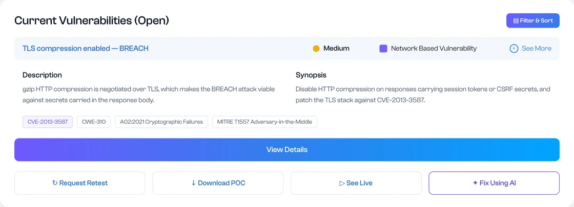 A encryption and tls scans result as it appears in the product: the finding, its severity and category, description and synopsis, and the actions available on it