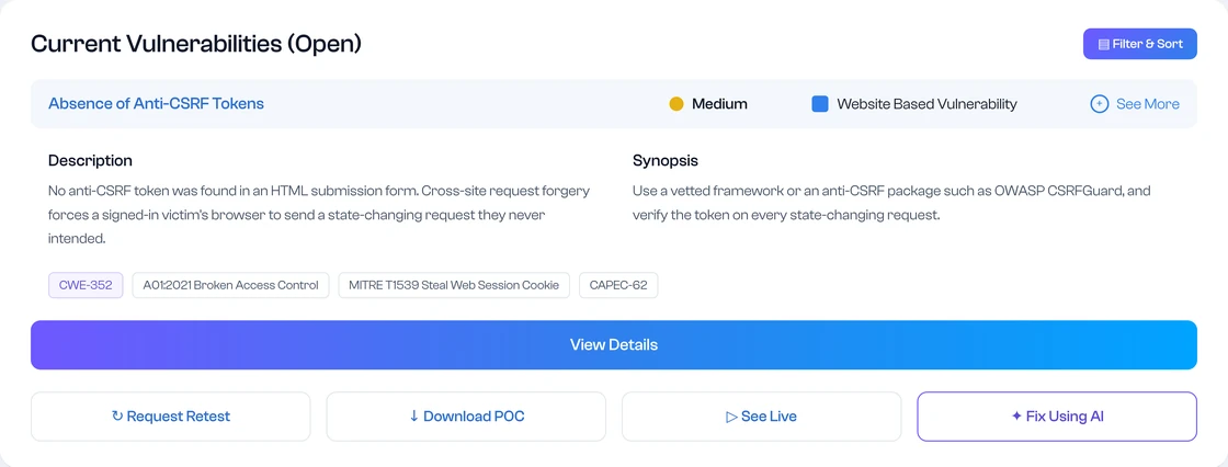 A web application scans result as it appears in the product: the finding, its severity and category, description and synopsis, and the actions available on it